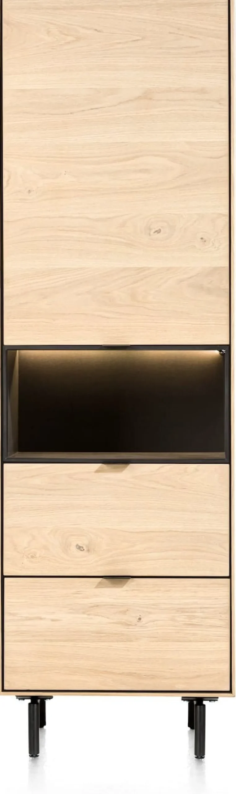 XOOON Elements, bergkast smal - 60 cm. - 1-deur + 2-laden + 1-niche + led incl. metalen poten - natural^ Bergkasten
