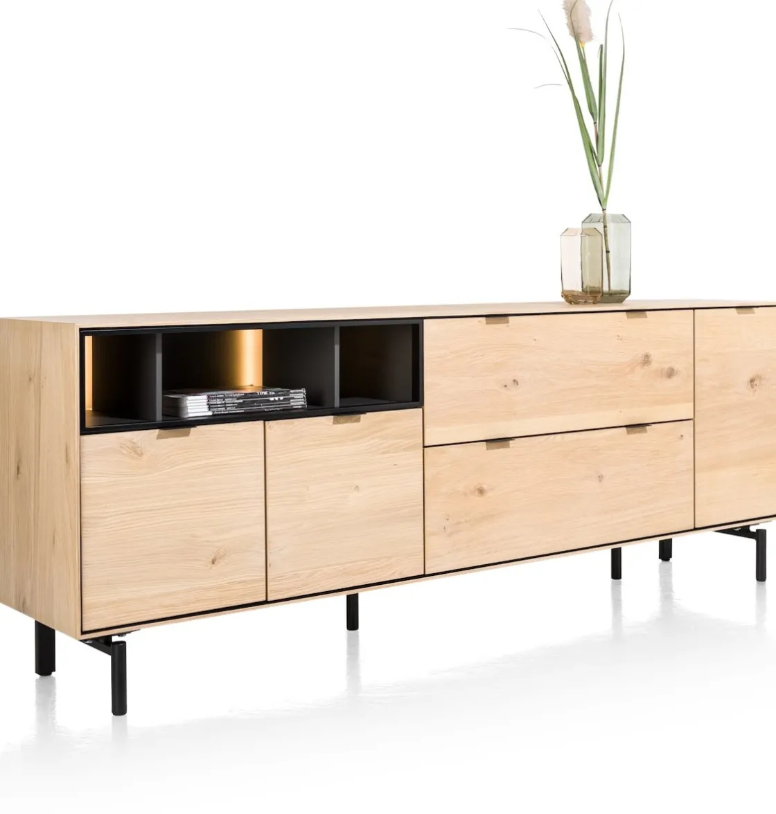 XOOON Elements, dressoir 210 cm. - 3-deuren + 2-laden + 3-niches + led incl. metalen poten - natural^ Dressoirs