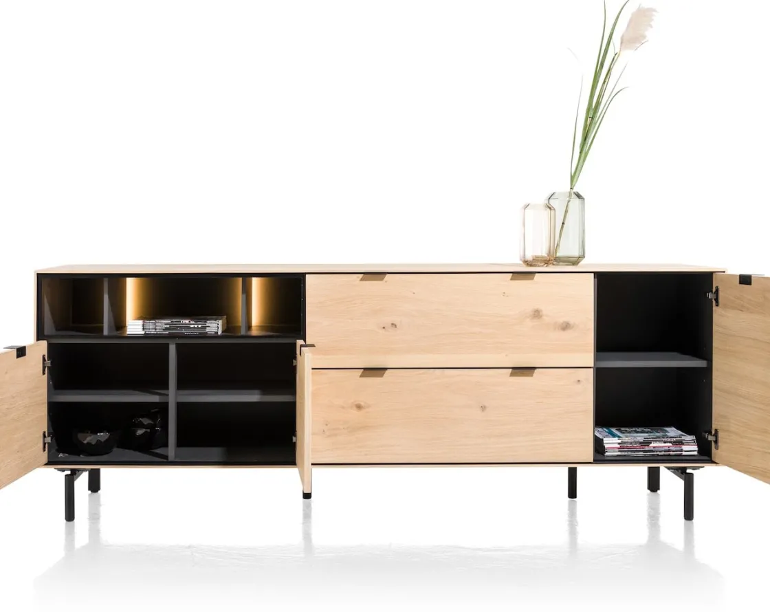 XOOON Elements, dressoir 210 cm. - 3-deuren + 2-laden + 3-niches + led incl. metalen poten - natural^ Dressoirs