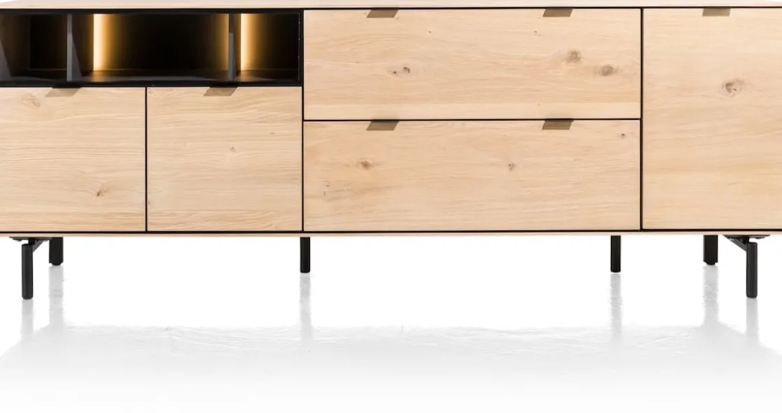 XOOON Elements, dressoir 210 cm. - 3-deuren + 2-laden + 3-niches + led incl. metalen poten - natural^ Dressoirs