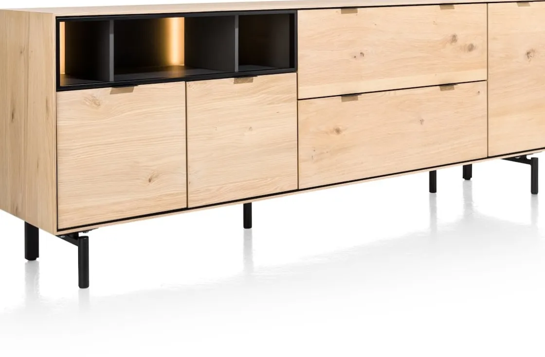 XOOON Elements, dressoir 210 cm. - 3-deuren + 2-laden + 3-niches + led incl. metalen poten - natural^ Dressoirs