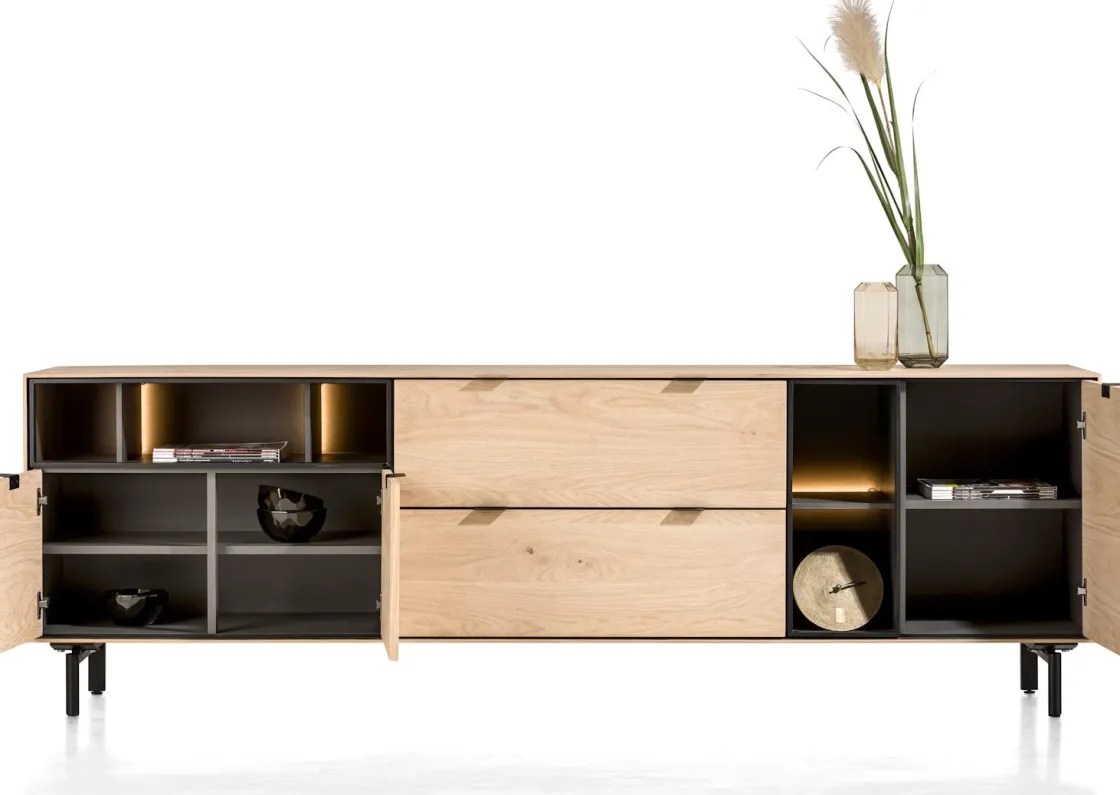 XOOON Elements, dressoir 240 cm. - 3-deuren + 2-laden + 5-niches + led incl. metalen poten - natural^ Dressoirs
