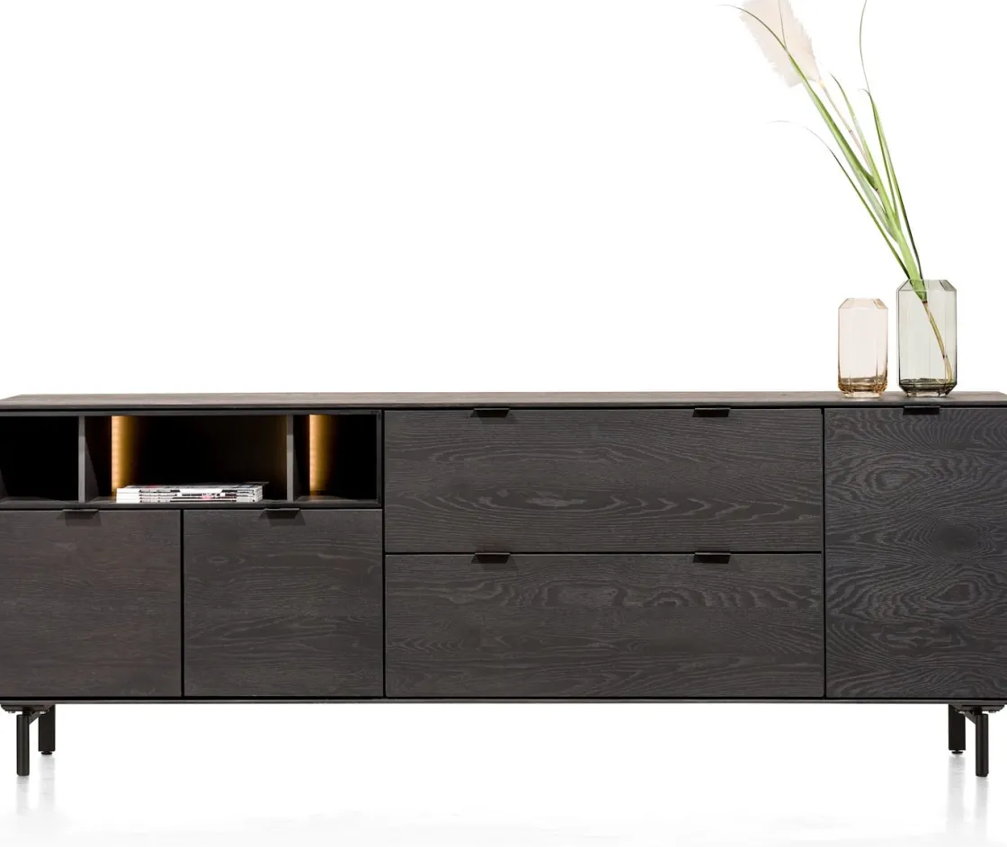 XOOON Elements, dressoir 210 cm. - 3-deuren + 2-laden + 3-niches + led incl. metalen poten - Onyx^ Dressoirs