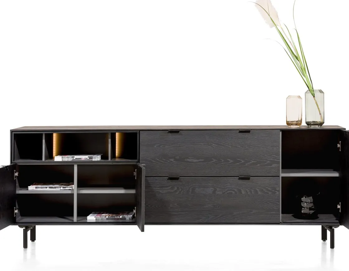 XOOON Elements, dressoir 210 cm. - 3-deuren + 2-laden + 3-niches + led incl. metalen poten - Onyx^ Dressoirs