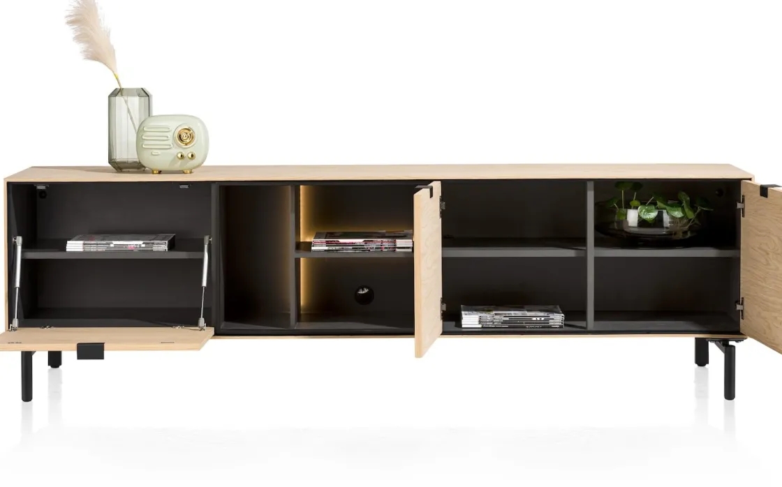 XOOON Elements, lowboard 210 cm. - hang + 2-deuren + klep + 3-niches + led incl. metalen poten - natural^ Tv-Meubelen|Dressoirs