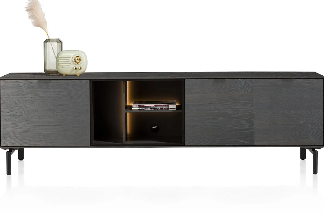 XOOON Elements, lowboard 210 cm. - hang + 2-deuren + klep + 3-niches + led incl. metalen poten - Onyx^ Dressoirs|Tv-Meubelen