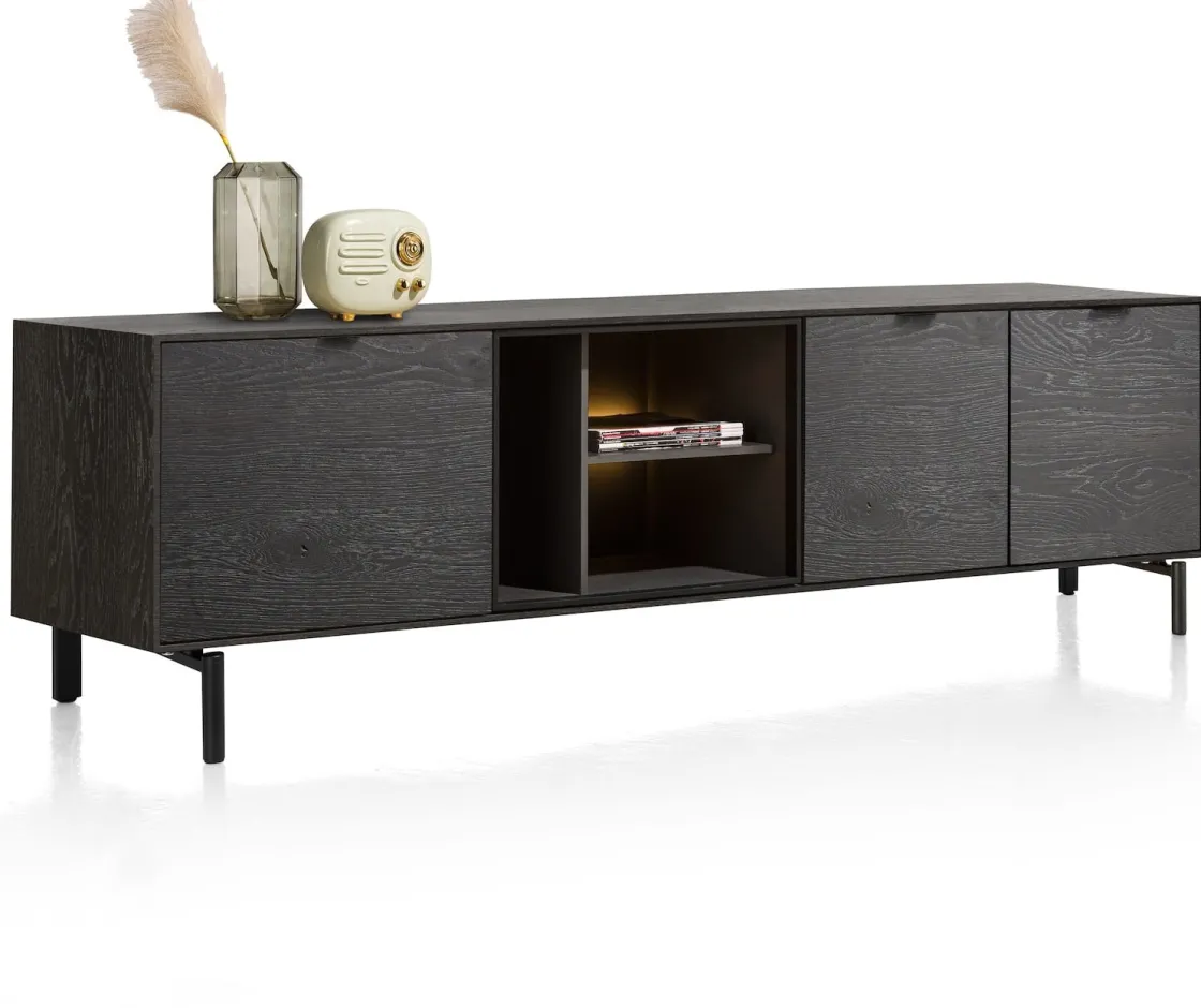 XOOON Elements, lowboard 210 cm. - hang + 2-deuren + klep + 3-niches + led incl. metalen poten - Onyx^ Dressoirs|Tv-Meubelen