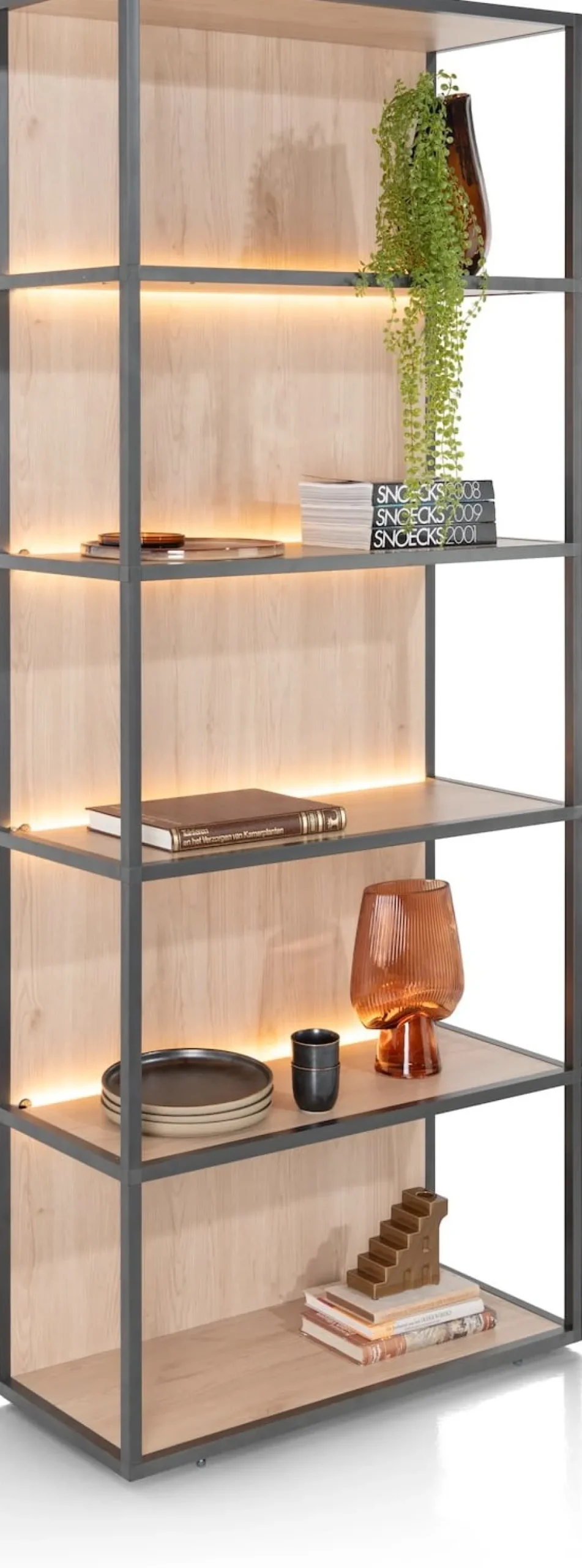 XOOON LINDFIELD boekenkast 80 cm - 5-niches (+ LED) - eiken look^ Bergkasten|Boekenkasten