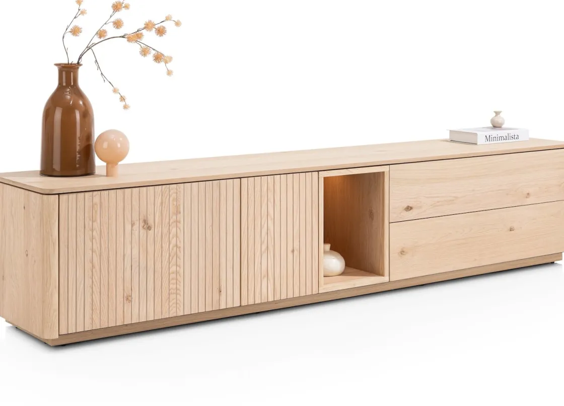 XOOON Trenton, lowboard 210 cm - 2-deuren + 2-laden + 1-niche - natural^ Dressoirs|Tv-Meubelen